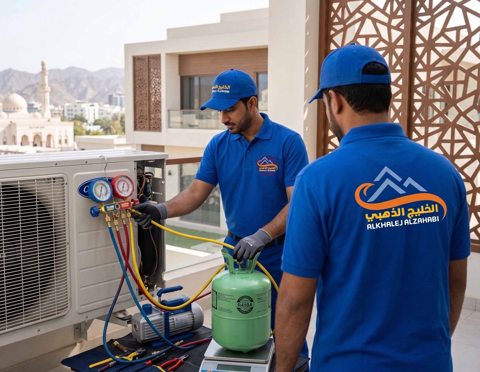 فنيان يقومان بتعبئة غاز التبريد لوحدة تكييف خارجية