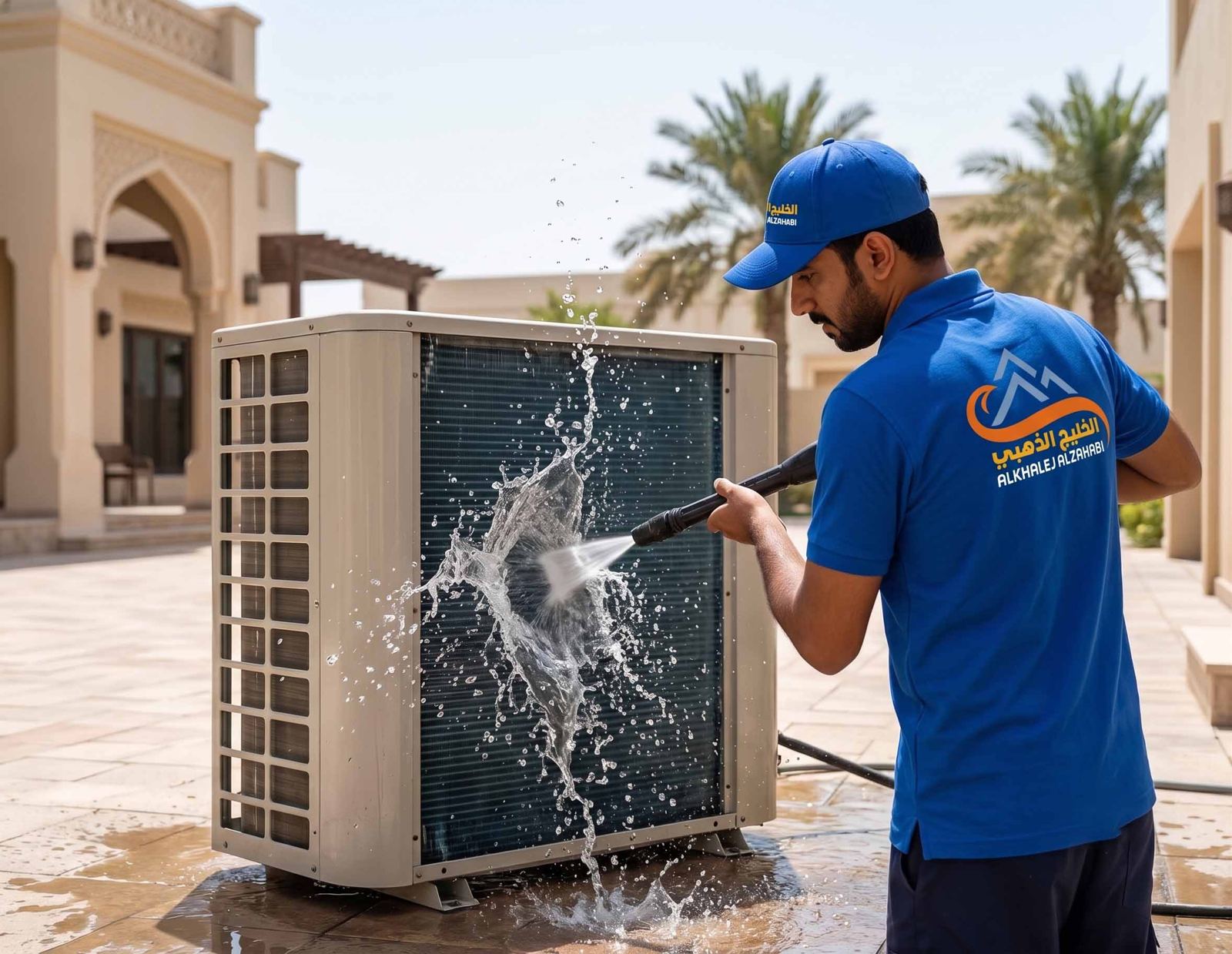 غسيل الوحدة الخارجية للمكيف بالماء الضاغط